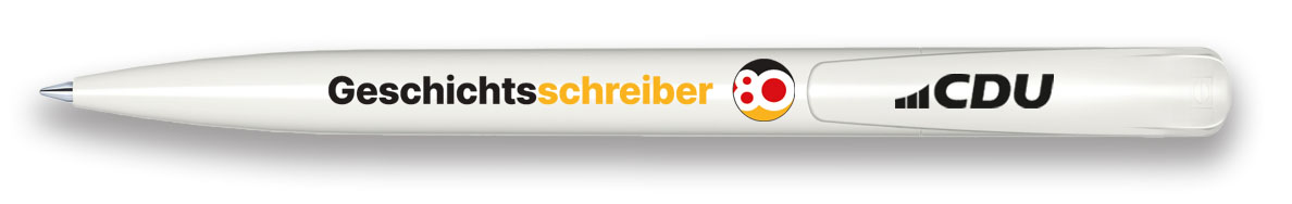 Weißer Kugelschreiber mit Druck auf dem Schaft: Geschichtsschreiber in Schwarz/Gelb und farbigem 80-Jahre-Logo.  Auf dem Clip ist das CDU-Logo einfarbig Schwarz.