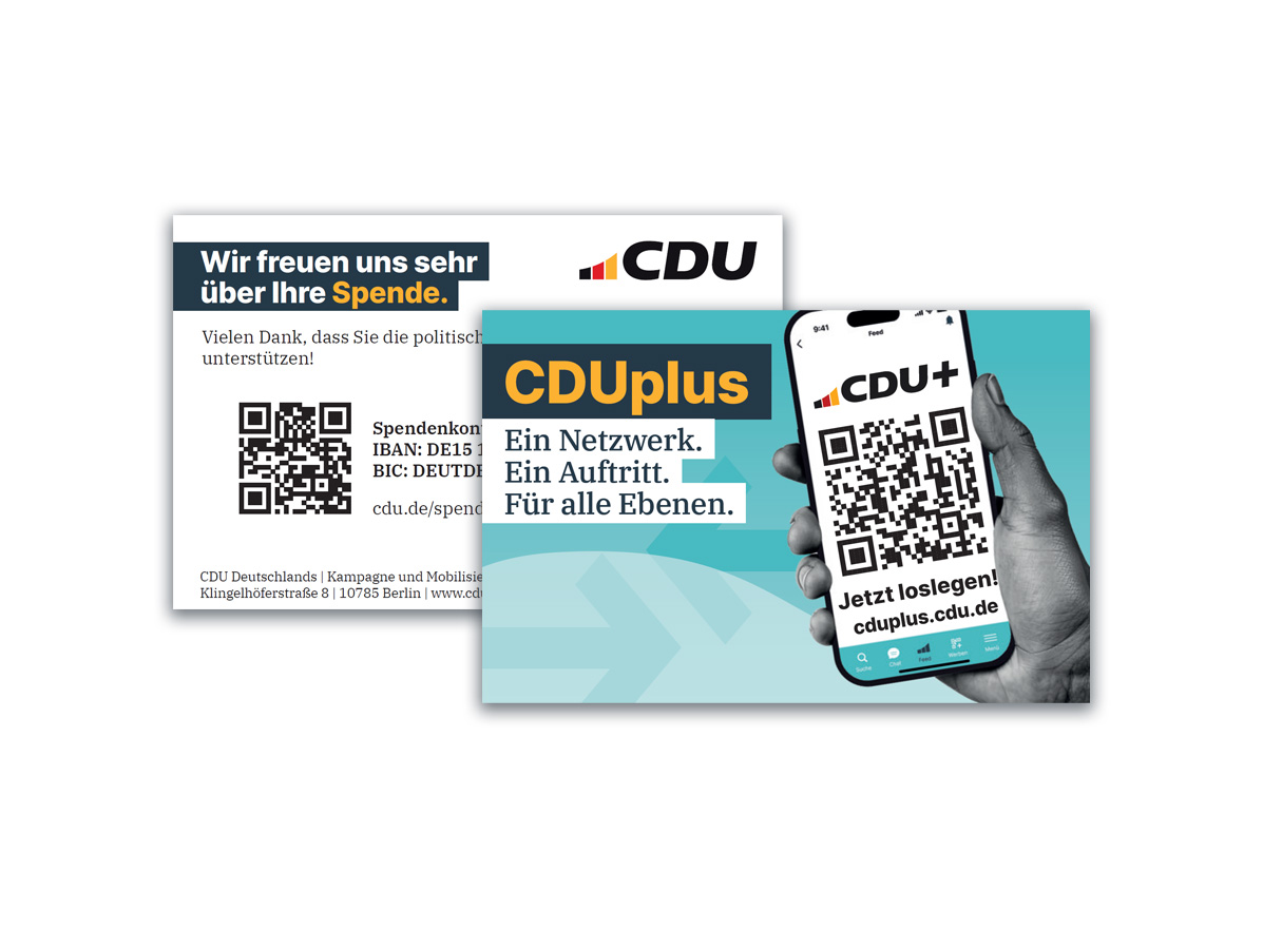Werbekärtchen für das digitale CDUplus. Abbildung mit Vorder- und Rückseite.
