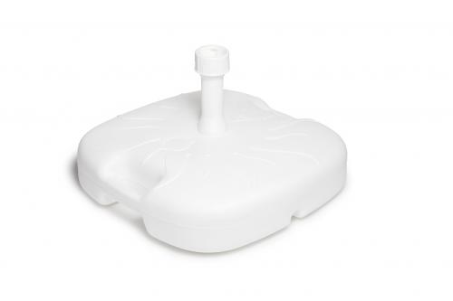 Sonnenschirmständer-Fuß aus weißem Kunststoff. Quadratische Form mit aufgestecktem Schirmadapter.